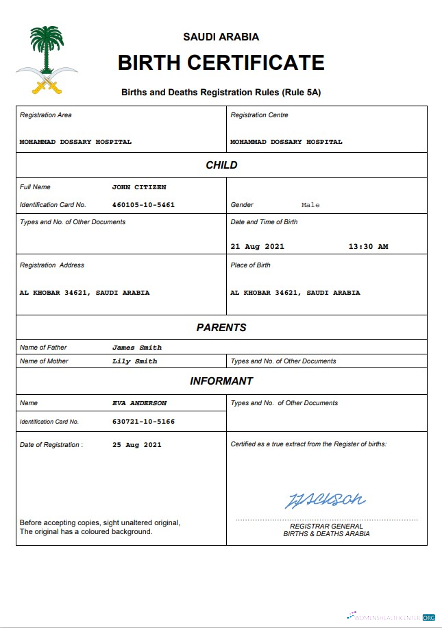 Download Saudi Arabia birth certificate Word and PDF template Photoshop template